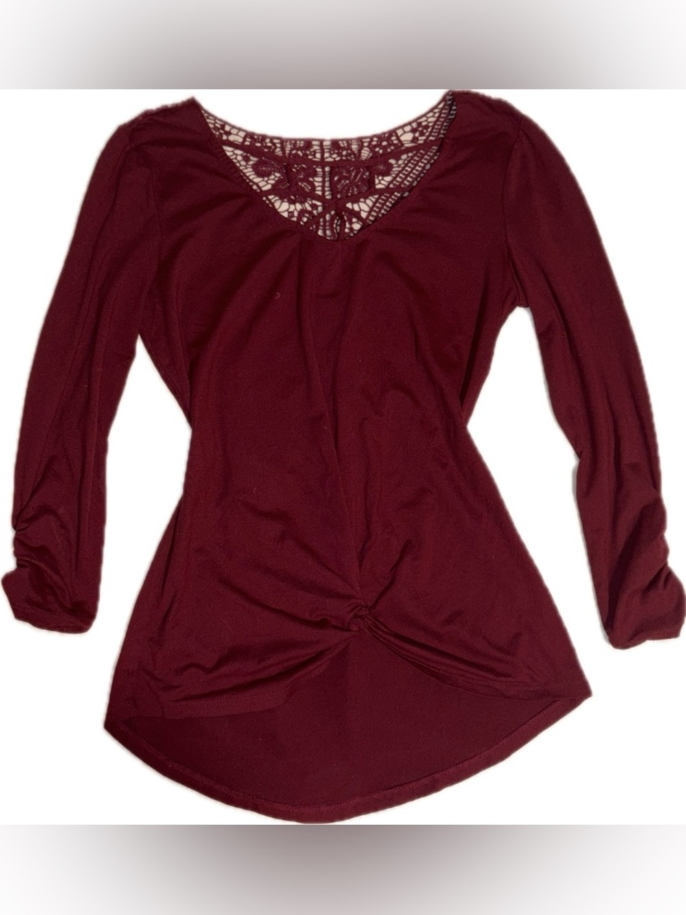 No Boundaries Maroon Lace-Back Twist-Hem Long Sleeve Top